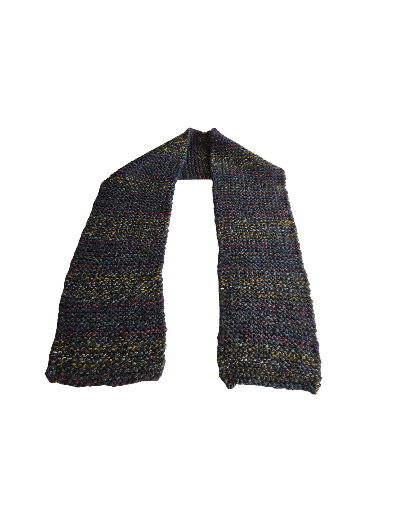 Handcrafted Knitted Scarf – Dark Grey with Colorful Accents