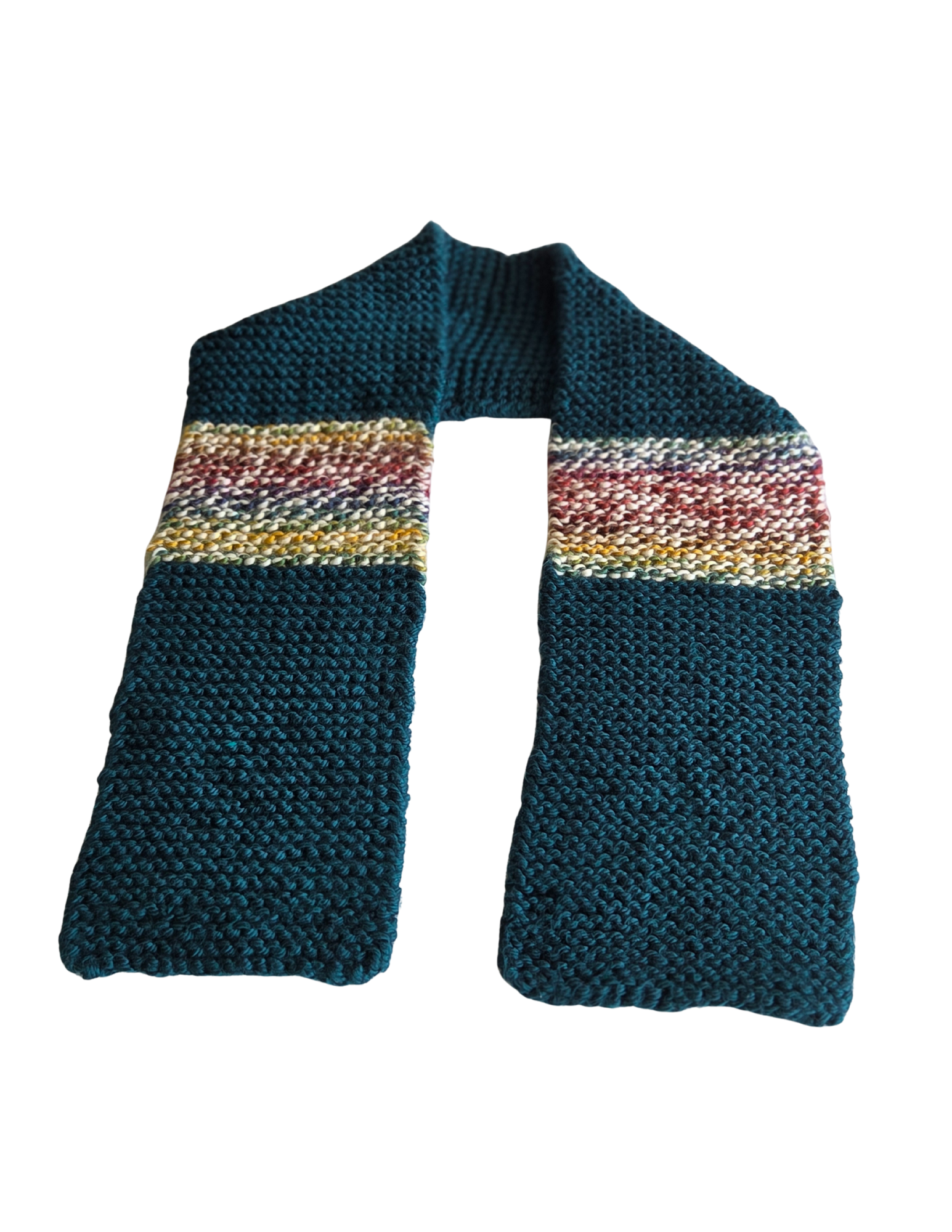 Handcrafted Knitted Scarf – Teal with Colorful Striping