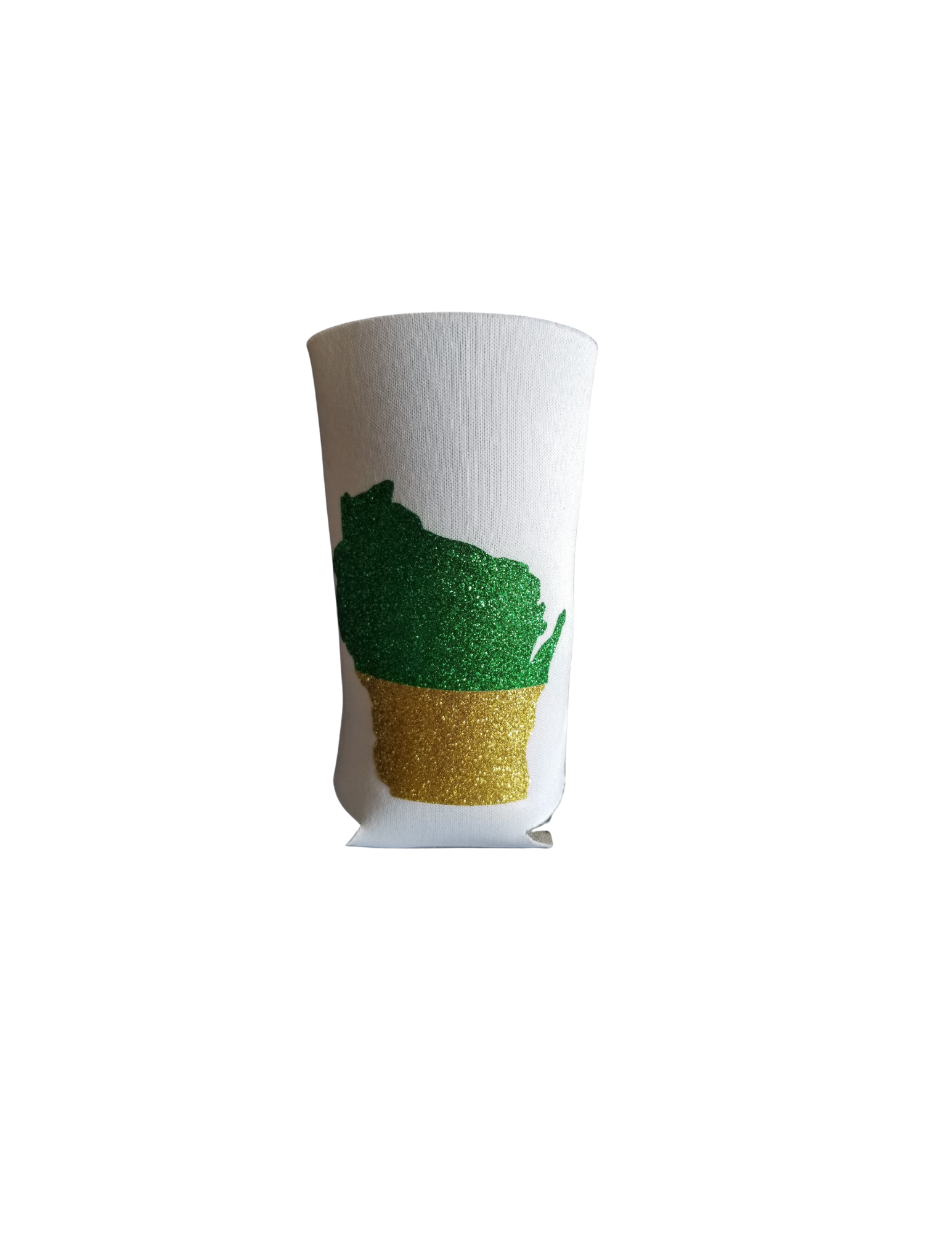 Custom Koozies – Wisconsin State Custom Koozie with green & gold glitter