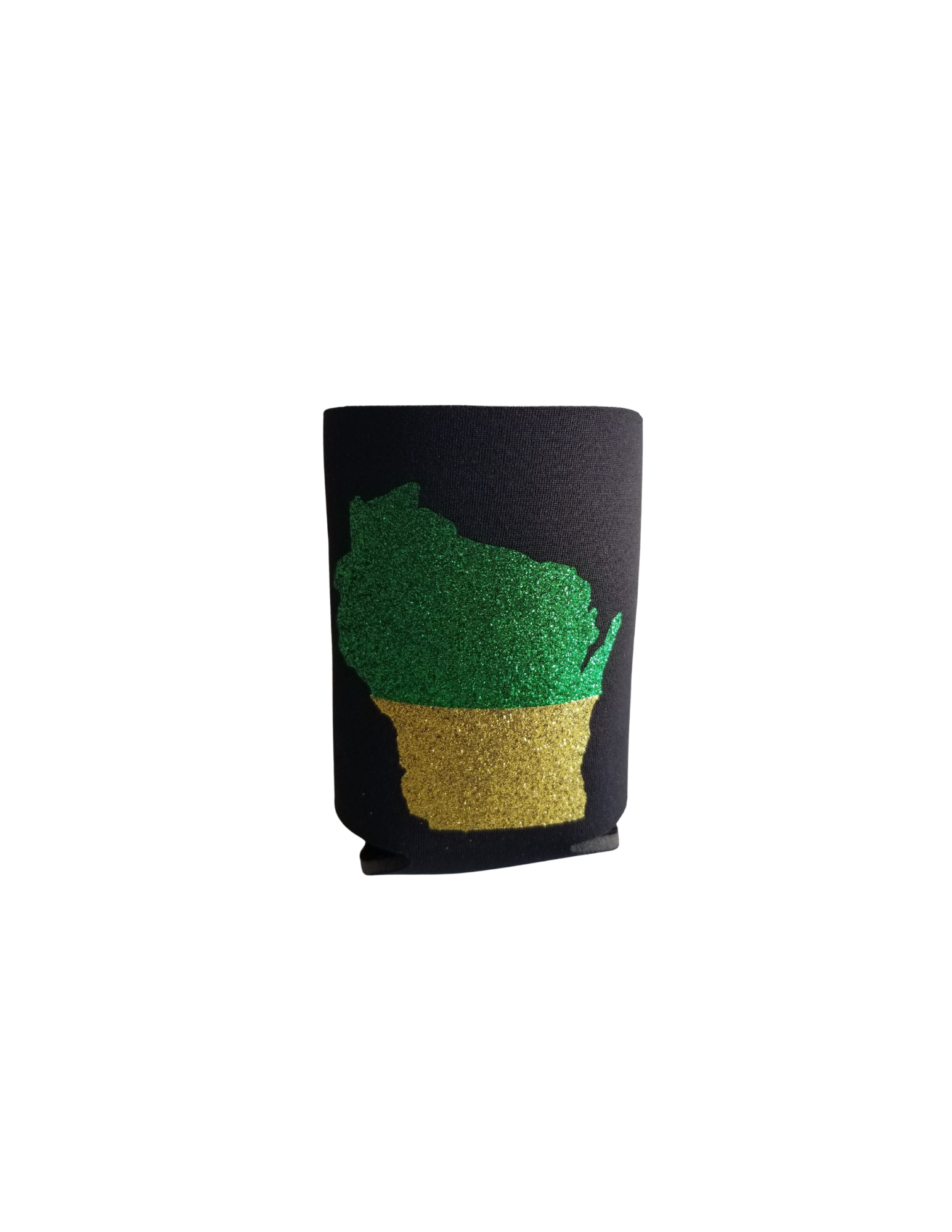 Custom Koozies – Wisconsin State Custom Koozie with green & gold glitter